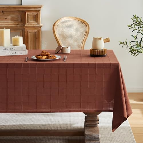 ZeeMart Linen Checked Square Table Cloth 52x52 Inch Terracota - Farmhouse Style Plaid Embroidered Rust Water Resistant Square Table Cover