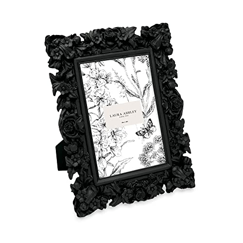 Laura Ashley 4x6 Black Floral Textured Hand-Crafted Resin Picture Frame with Easel, for Tabletop & Wall Display, Decorative Floral Design Home D cor, Photo Gallery, Art & More (4x6, Black)