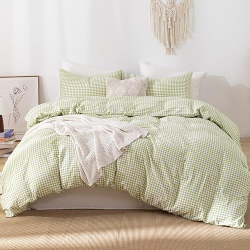 "YHJWW Sage Green Gingham Duvet Cover Bedding Set Prewashed Extra Soft Comfy Breathable 3 Piece Plaid Checkered Grid Comforter Cover Set Cute Aesthetic (Queen 90""x90"", No Comforter)"