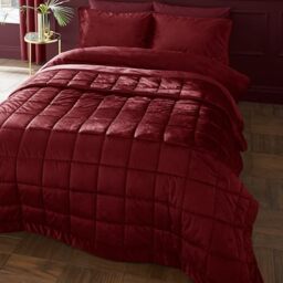 Catherine Lansfield Kingsley Matt Velvet Quilted 220x220cm Bedspread Burgundy