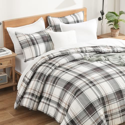 Andency Brown Plaid Comforter Set Queen, Gingham Checkered Grid Bedding Set - For Boys Girls Kids Teens as Gift, 3 Pieces Soft Lightweight Reversible Preppy Geometric Line Bed Set (90x90Inch)