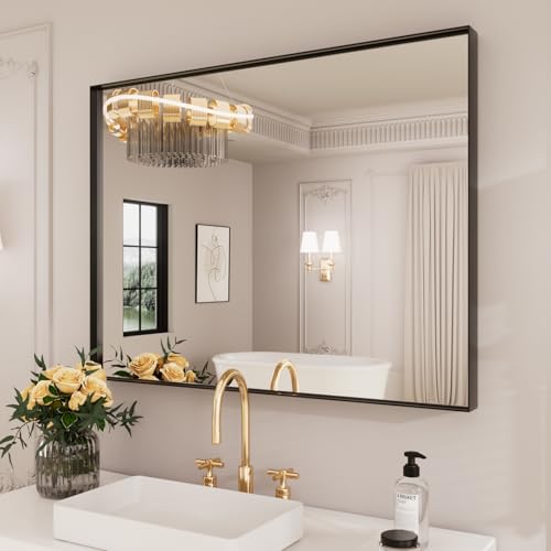 "LOAAO Black Bathroom Mirror 30""X36"" - Tempered Glass, Hangs Vertically or Horizontally, Easy to Install, Modern Design"