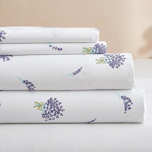 "4 Piece Bed Sheets Set King Sheets White - Extra Soft King Sheets Deep Pocket 16"" - Luxury Soft Purple Floral King Sheet & Pillowcase Set - Wrinkle Resistant Cooling Sheets for King Size Bed"
