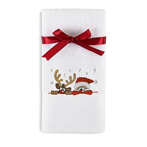 Quera Christmas Hand Towel Reindeer Santa 100% Cotton Embroidered Premium Luxury Decor Bathroom Decorative Dish Towels Set for Drying, Cleaning, Cooking, Holiday Towels Gift Set 13.7'' X 29.5''