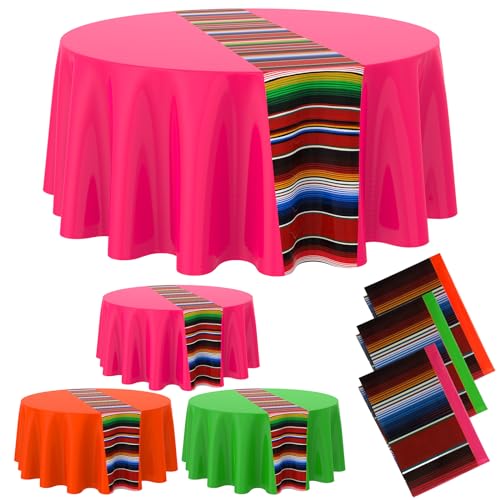 Oudain 3 Pcs Mexican Round Tablecloth Mexican Striped Serape Tablecloth 84 Inch Fiesta Waterproof Table Cloth Table Cover for Cinco De Mayo Carnival Party Dining Table Picnic Buffet (Colorful)