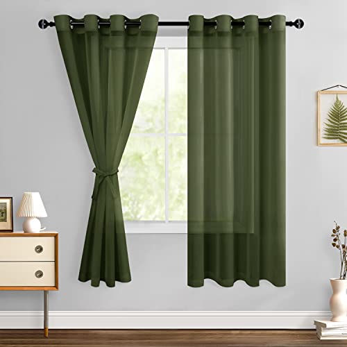 Hiasan Sheer Curtains for Living Room with Tieback, Airy Breathable Voile Textured Drapes Light Filtering Grommet Window Curtains for Bedroom, Kids' Room, Olive Green, W52 x L63, 2 Soft Panels