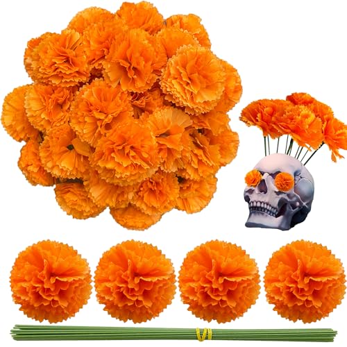 Marigold Flower Heads Bulk 50Pcs, Silk Marigold Artificial Flowers for Diwali Home Decor DIY Wreath Garland Craft Baby Shower Wedding Party Decoration Halloween Christmas New Year Decor(Orange)…