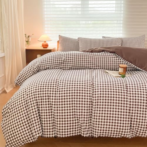 NSNLGSGC Mocha Gingham Duvet Cover Set Queen, Dark Tan Grid Simple Geometric Square Pattern Comforter Cover,Soft Plaid Washed Microfiber Bedding Cover(3PCS,Queen)
