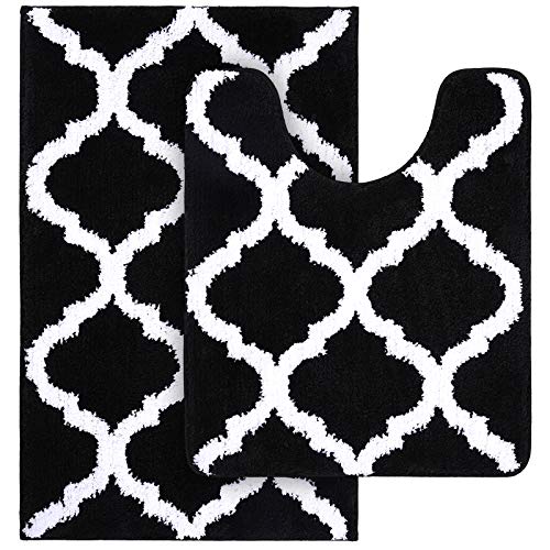 "OLANLY Bathroom Rugs Set 2 Piece Microfiber Bath Shower Mat and U-Shaped Toilet Rug, Machine Wash Dry, Non-Slip Absorbent Shaggy Bath Rug for Tub, Shower and Bath Room (30""x20""+24""x20"", Black)"