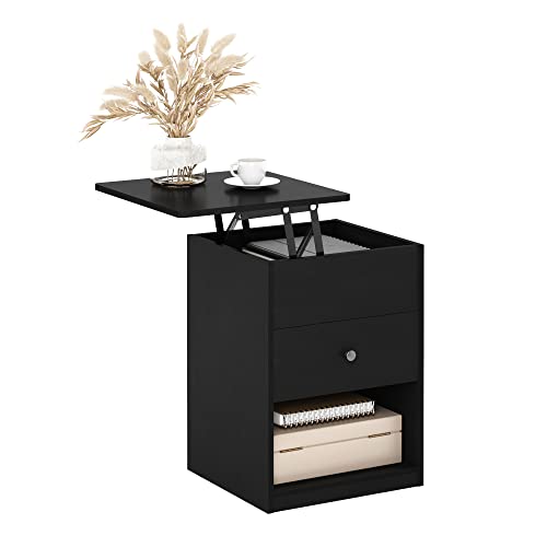 Furinno JENSEN Night Stand, Lift-Top Nightstand with Drawer, Bedside Table, End Table, Side Table with Storage Shelf, Knob Handle Drawer, for Bedroom, Living Room, Americano