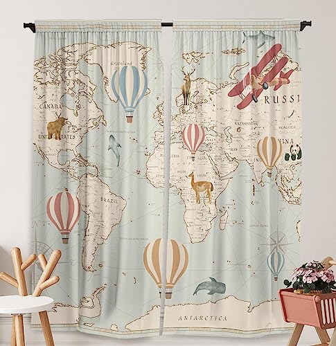 Yilinata World Map Window Curtains Hot Air Balloon Cruise Grand Tour Curtain Drape for Bathroom and Bedroom Living Room Windows Decor Durable Fabric 84 in X 84 in