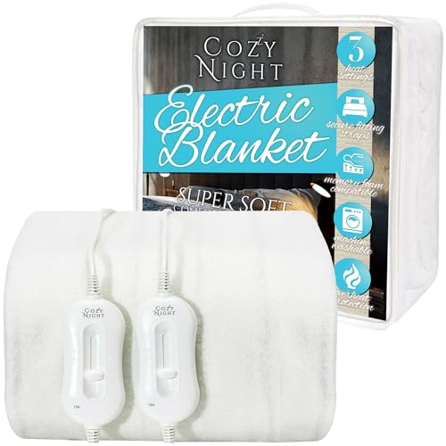 Cozy Night Double Electric Blanket, Size 140 x 192cm, Soft Fitted Underblanket Mattress Cover, Quick Fit Corner Straps, 3 x Heat Settings, Dual Control 70W and Machine Washable
