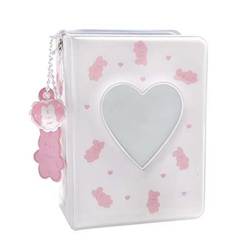 3 Inch Mini Photo Album, Heart Hollow Card Binder Photo Card Holder with Pendant 40 Pockets (white pink rabbit)