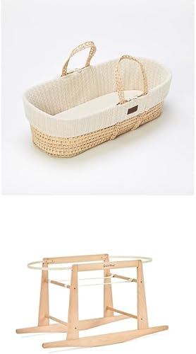 The Little Green Sheep Bundle - Knitted Moses Basket & Mattress, Linen Colour + Rocking Moses Basket Stand, Natural Colour