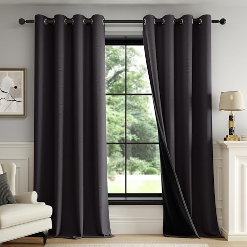 FMFUNCTEX 100% Blackout Black Curtains 63 Inch Long Grommet Drapes 2 Panels - Black out Drapes, Thermal Insulated Noise Reducing, Textured Weave, Room Darkening, Window Curtain, for Living Room,Grommet