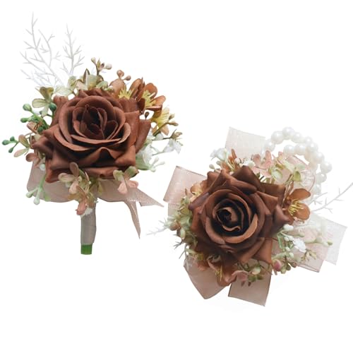 MAFELOE Artificial Corsage Boutonniere Set, Brown, 2 Pieces (J-Z1) - Artificial Rose Flowers, For Groom Bride Groomsmen Bridesmaids, Wedding Party Prom Homecoming Suit Decoration