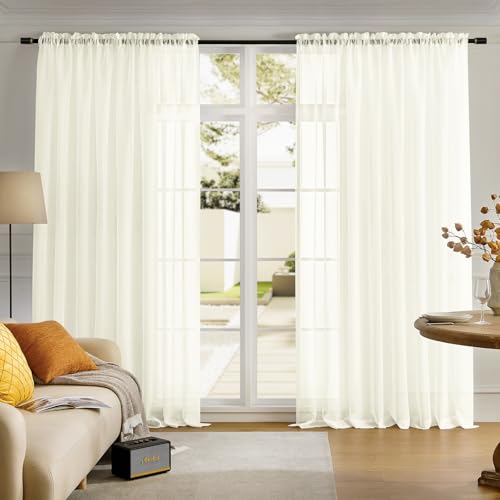 "MYSTIC-HOME Sheer Curtains Beige 84 Inches Long, Window Treatments Rod Pocket Drapes for Living Room, Bedroom, Semi Crinkle Voile Extra Wide Curtains for Yard, Villa, Parlor, 108""x 84"", 2Pc"