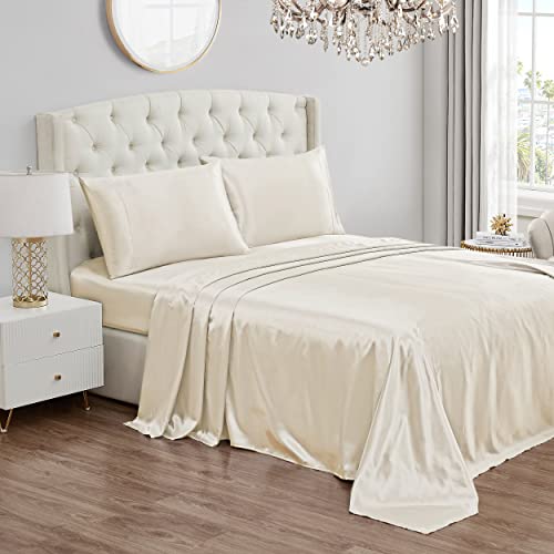 Juicy Couture Silky Satin Twin Sheet Set, 3-Piece Set with 1 Fitted Sheet, 1 Flat Sheet and 1 Pillow Case, Wrinkle Resistant and Anti Pilling Satin Bed Sheets - Ivory