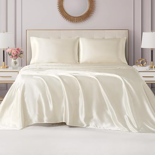 Juicy Couture Silky Satin Twin Sheet Set, 3-Piece Set with 1 Fitted Sheet, 1 Flat Sheet and 1 Pillow Case, Wrinkle Resistant and Anti Pilling Satin Bed Sheets - Ivory