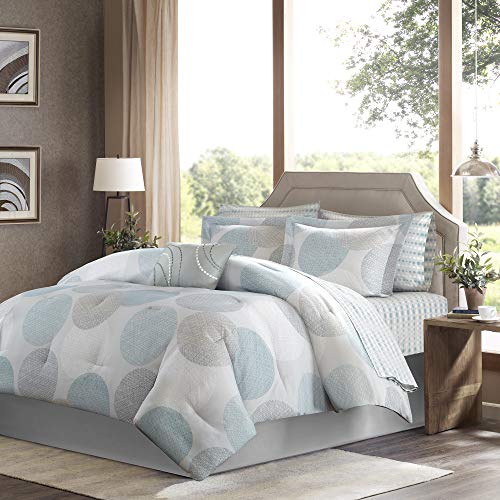 "Madison Park MPE10-162 Essentials Cozy Bag Comforter, Vibrant Color Design All Season Down Alternative Complete Sheet Set, Bed Skirt, Cal King(104""x92""), Circular Aqua, 9 Piece"