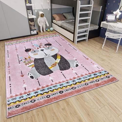 Hanse Home Adventures Children's Rug - Panda Pattern, Animal Pattern Rug Boys Girls for Children's Room, Playroom, Teenager's Room, Living Room - Pink, 120 x 170 cm