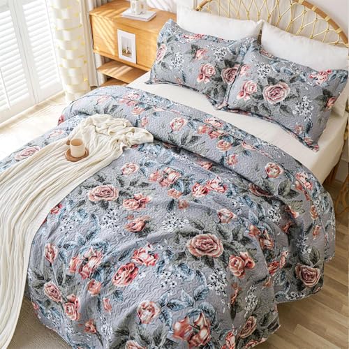 Cmfshape Romantic Grey Quilt Set Queen Size,Reversible Bedspread Coverlet 3-Piece,Floral Bed Cover Set with Pillow Shams,Lightweight Microfiber Bedding Set for All Season (Blue-Gray,90x90)
