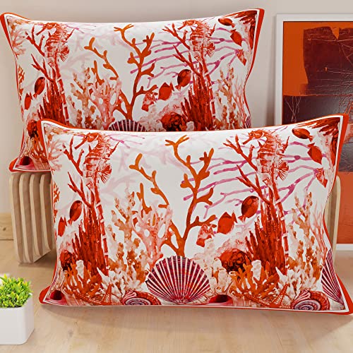 PETTI Artigiani Italiani - Bed Pillowcases, Set of 2 Pillow Covers 50x80 cm, Cushion Cover in Hypoallergenic Microfibre, Made in Italy, Corallo Rosso Pattern