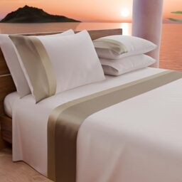 PETTI Artigiani Italiani - Double Bed Sheet Set with Double Satin Frill, 4 Pieces, 180 x 200 cm, Percale Cotton Sheets - Fitted Sheet, Top Sheet and 2 Pillowcases, Taupe
