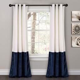 "Lush Decor Prima Velvet Curtains Color Block Light Filtering Window Panel Set for Living, Dining, Bedroom (Pair), 38"" W x 84"" L, White & Navy"