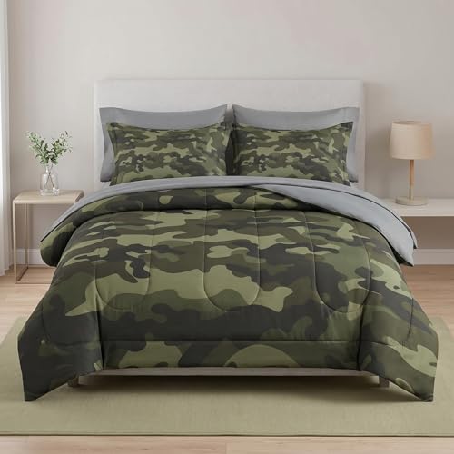 Pamnest Comforter Set King Size, Army Camouflage Camo 7 Pcs Bedding for Kids and Adults, Military French Green Bed Sheet Sets with Fitted Sheet 2 Pillowcases & 2 Shams for Bedroom Bed Decor
