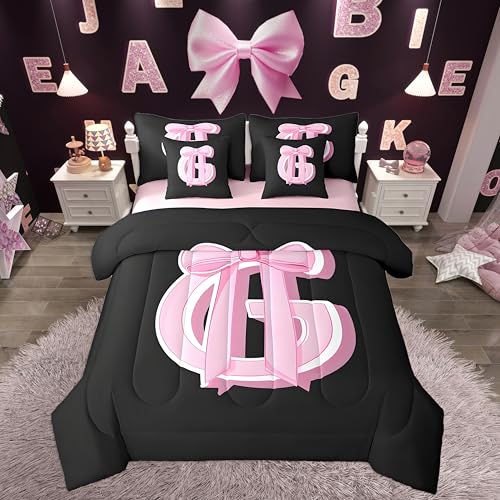 jejeloiu Kids Girls Black Pink Bow Comforter Set with Sheets Twin Size Monogrammed 7 Piece Bedding Set Personalized Initial G Bed in a Bag with Comforter,Sheets,Pillowcases Modern Fashion Bed Set