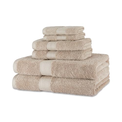 Amazon Basics 6-Piece Organic Cotton Bath Towel Set, Soft and Absorbent Bathroom Towels, Fade Resistant, 2 Bath + 2 Hand + 2 Flannel Face Cloths, Taupe