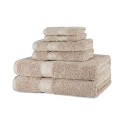 Amazon Basics 6-Piece Organic Cotton Bath Towel Set, Soft and Absorbent Bathroom Towels, Fade Resistant, 2 Bath + 2 Hand + 2 Flannel Face Cloths, Taupe