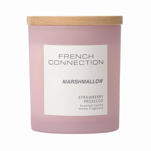 French Connection Pastel Range Scented Container Candle - Shea Butter Wax - Frosted Glass Jar Bamboo Lid - Round Shape - (Medium, Marshmallow), Pink
