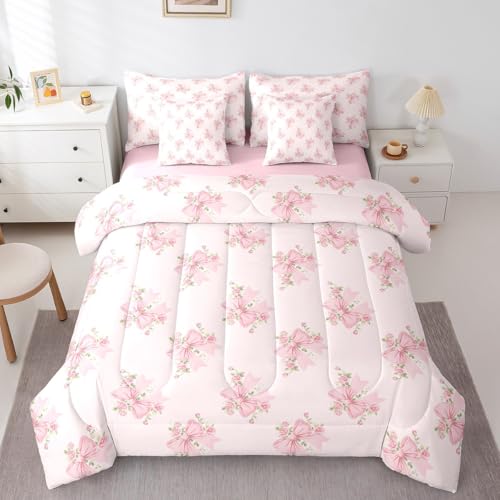 Erosebridal Cute Pink Floral Full Comforter Set with Sheets,Pink Coquette Bow Bedding Set 7 Piece for Girls Kids Bowknot Bed Set,Boho Flower Wildflower Bed in a Bag with Fitted Sheet+Flat Sheet