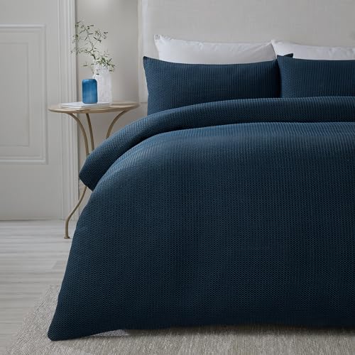 Serene Lindly Navy Blue Waffle Duvet Cover – Single Size 140x200cm – Soft Touch Textured Bedding – Square Grid Pattern – Luxury Dark Blue Duvet – Stylish Bedroom Decor – Easy Care Fabric