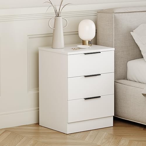 Vida Designs Trega 3 Drawer Bedside Cabinet White - Compact Space-Saving Nightstand - 50H x 39W x 28D cm - Engineered Wood - Glide Drawers, Modern Black Handles - Ideal for Bedroom & Guest Room