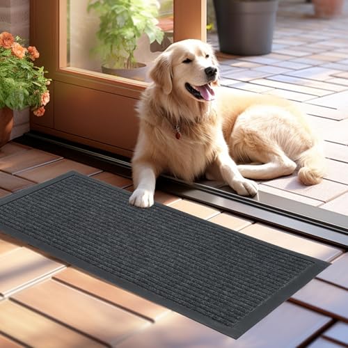 OTraki Floor Mat Rug Indoor 43.5 x 75 cm, Non-Slip Machine Washable Doormat, Striped Outdoor, Dirt Catcher Rug, Ussmatte for Dogs, Entrance, Front Door, Hallway (Grey)
