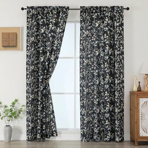 Chyhomenyc Linen Blend Window Curtains 63 Inch Length 2 Panels, Light Filtering Floral Printed Curtain Drapes for Living Room, Rod Pocket Soft Bedroom Curtain Panels, 38Wx63L Inch, Black