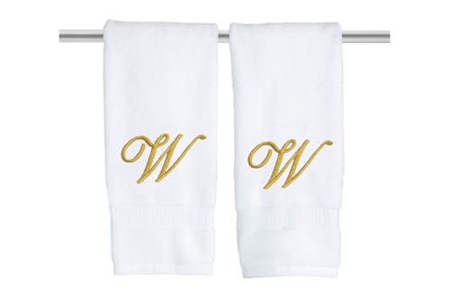 Decorvo White Monogrammed Hand Towels for Bathroom - Luxury Hotel Quality Personalized Initial Embroidered Towel for Powder Room, Spa - GOTS Organic Certified - Set of 2 Gold Letter W