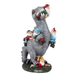 Relaxdays garden figurine - dinosaur devouring garden gnomes, weatherproof polyresin decoration, 28.5cm, colourful