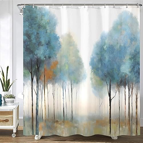 Kanuyee Colorful Tree Shower Curtain Shower Fabric Shower Curtain Flowers Shower Curtain (Blue, 72x72inches)