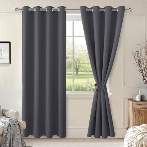 Hiasan Blackout Curtains for Bedroom, 52 x 96 Inches Long - Thermal Insulated & Light Blocking Window Curtains for Living Room, 2 Drape Panels Sewn with Tiebacks, Dark Grey