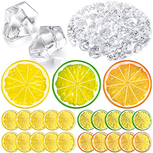 20 Pieces Simulation Lemon Slices and 300 Pieces Clear Fake Crushed Ice Rocks, Fake Artificial Fruits and Acrylic Diamonds Clear Ice for Vase Fillers Table Centerpiece Decor Wedding (1.6 x 0.3 Inch)