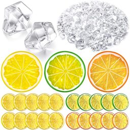 20 Pieces Simulation Lemon Slices and 300 Pieces Clear Fake Crushed Ice Rocks, Fake Artificial Fruits and Acrylic Diamonds Clear Ice for Vase Fillers Table Centerpiece Decor Wedding (1.6 x 0.3 Inch)