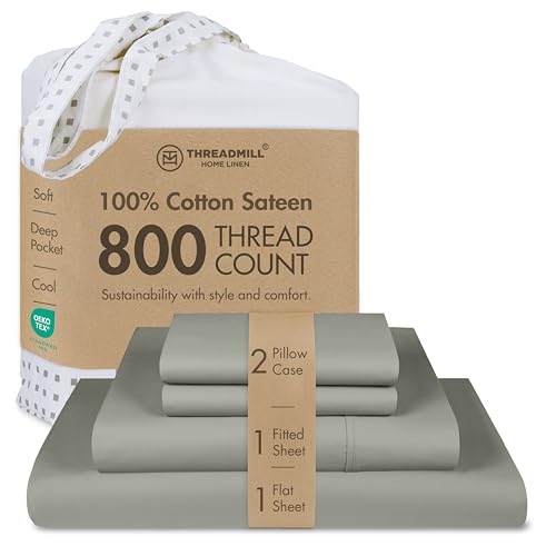"Threadmill 800 Thread Count Cotton Cal King Sheet Set, Sateen, Solid, Grey - 100% Cotton, Sateen Weave, 4-Piece Set, 16"" Deep Pocket, Cooling, Fade-Resistant, OEKO-TEX Certified, Machine Washable"