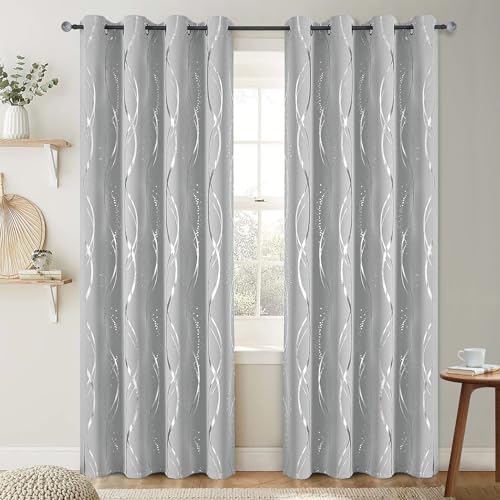 BUHUA Blackout Curtains 84 inch Length 2 Panels Set - Energy Efficient and Noise Reducing Curtains for Bedroom with Wave Striped Foil Print (52 x 84, Silver Grey