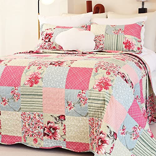Cmfshape Summer Floral Queen Quilted Bedspread,Romantic Pink Quilt Set,Reversible Stitched Bedding Set All Season,Soft Lightweight Coverlet with Pillow Cases (Pink&Grey, Queen90 x90)