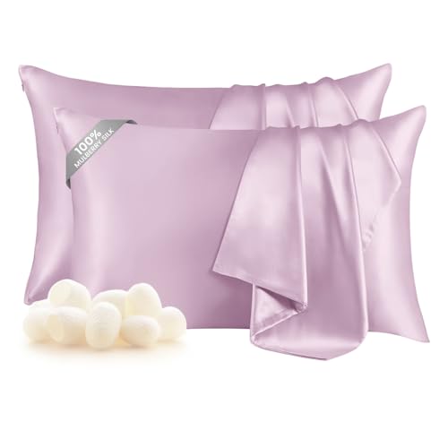 "THXSILK Set of 2 100% Mulberry Silk Pillowcase for Hair and Skin Health, Soft Breathable and Smooth Pillowcases with Hidden Zipper, Both Sides Premium Grade 6A+ Silk, Standard 20""x26"", Light Purple"