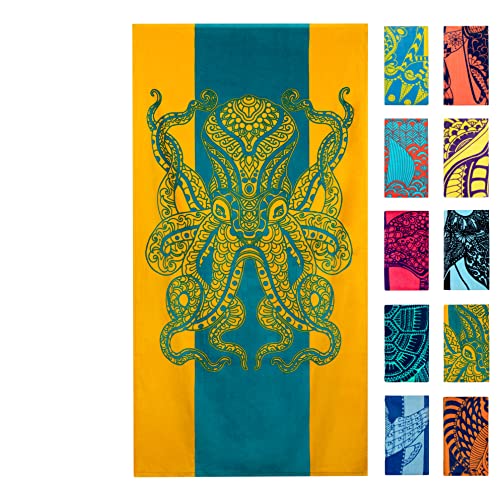 Nova Blue Octopus Beach Towel - Orange & Teal Colorway with Tropical Design - 34 x 63 Inch - 100% Cotton - Beach Towel for Adults